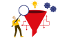 Eine Grafik mit einem roten Filter, einem Mensch mit Lupe und Pfeilen